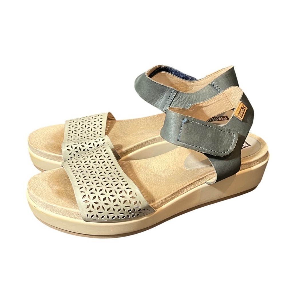 Pikolinos Crete Sandals Size 39 Gray Leather Laser Cut Platform Wedge Slingback